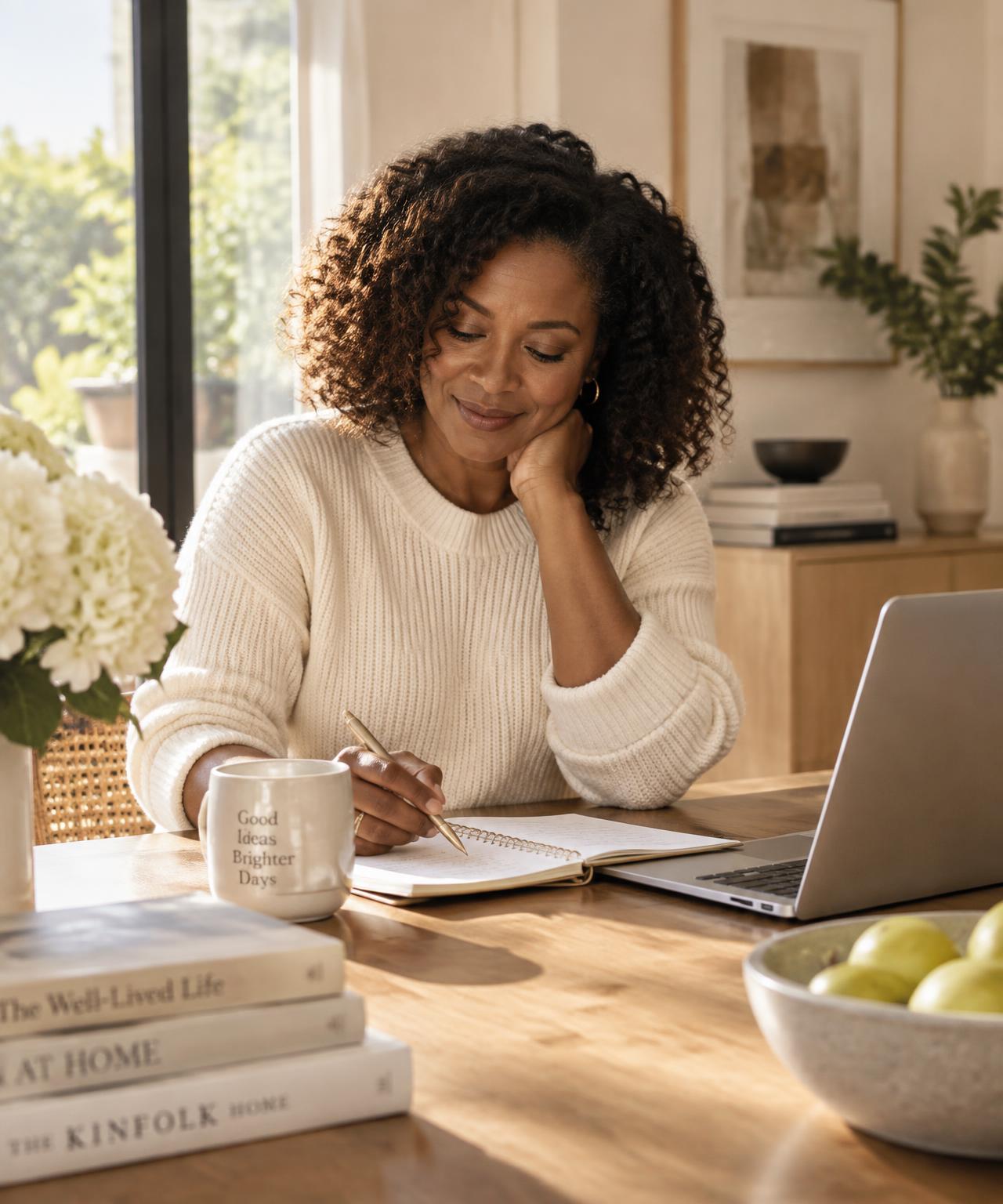 A woman writing notes at her dining table in morning light